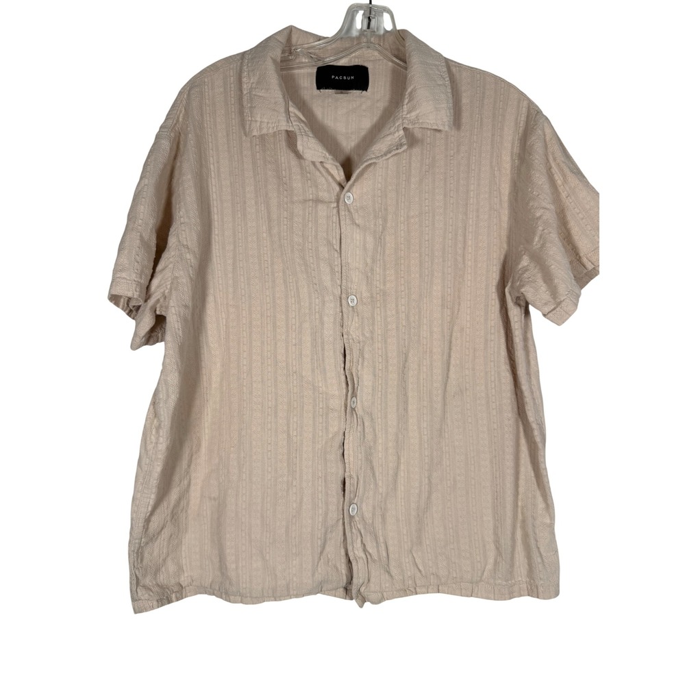 PacSun Mens Small Beige Textured Vertical Stripe Cotton Short Sleeve Button Up